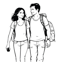 Young couple hiking with backpacks, walking hand-in-hand in outdoor scenery. Smiling tourists strolling along a trail, holding hands, expressing joy and adventure.