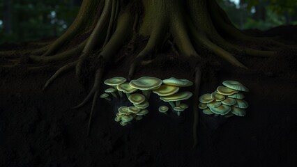 Tree roots underground with bioluminescent fungi