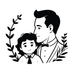 Father and son in formal attire, side-by-side against a floral wreath background. Affectionate embrace in a celebratory or familial setting.