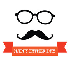 Generic father figure with spectacles and mustache in a celebratory Father's Day design. Simple graphic of a man's face with a ribbon banner displaying the text "Happy Father's Day".