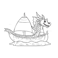 Cute dragon sailing a boat on the water. Cartoon dragon in a stylized, simple, black and white coloring book illustration of dragon vessel in water.