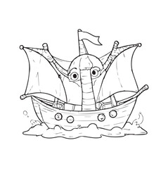 Cartoon ship with monster captain on the water. Characterful vessel in whimsical, outlined style with a friendly monster captain in an imaginary seafaring role.