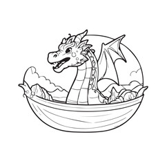 Cute dragon in a bowl of food with a fantasy setting. Dragon in a fantasy food bowl with mountainous backdrop, outlined drawing.