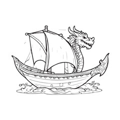Dragon-headed sailing ship illustration in a black and white style. A stylized, mythical vessel with a dragon head atop sailing on water.