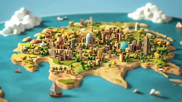 Colorful 3D cityscape model showcasing urban architecture on a vibrant island with ocean backdrop