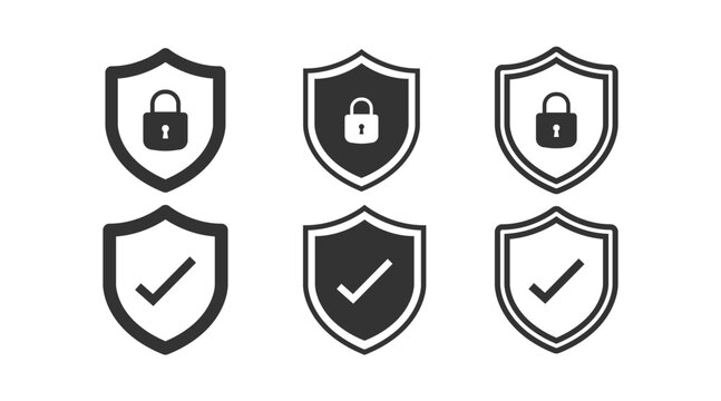 Set of security shield icons, security shields logotypes with check mark and padlock. Security shield symbols. Vector illustration.
