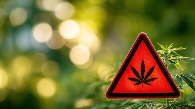 Close-up of red warning sign with cannabis leaf symbol, caution alert for marijuana and drug awareness, substance abuse prevention concept.
