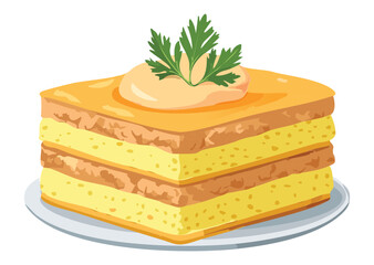 Layered Yellow Cake Dessert Cream Topping - Vector Illustration