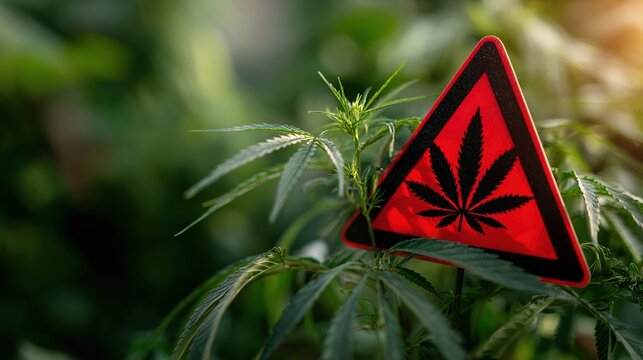 Close-up of red warning sign with cannabis leaf symbol, caution alert for marijuana and drug awareness, substance abuse prevention concept.

