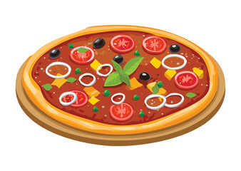 Veggie Pizza Sliced Onion Pepper Olives - Vector Illustration