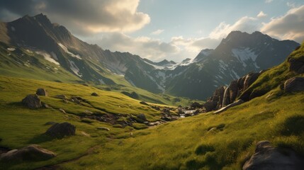 Panoramic alpine mountain landscape with snow-capped peaks, green valleys, and a vast sky