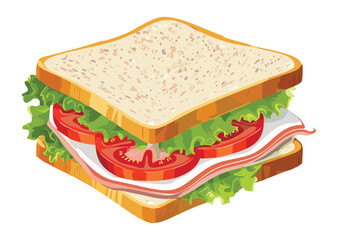 White Bread Sandwich Fresh Meat Veggies - Vector Illustration