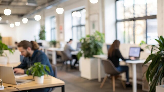 Defocused coworking space with desks, plants, and contemporary furniture
