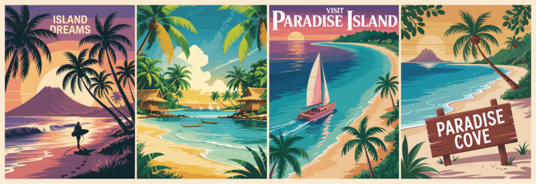 Set of retro-style vector posters featuring tropical summer paradise scenes with palm trees, beaches, ocean waves, huts, and sunsets. Ideal for travel, vacation, or beach-themed designs