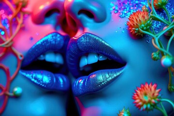 Two women with blue lips and blue hair are kissing each other