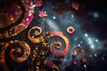 A close up of a gold and purple swirl design