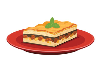 Traditional Lasagna on Red Plate - Vector Illustration