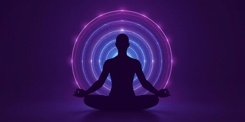 Meditating Silhouette in Polygonal Rings of Purple and Blue with Radiant Aura, AI-generated