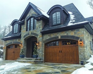 Stone facade and wooden doors adorn this upscale home's winter entryway. Use for real estate, luxury living, or architectural design projects.