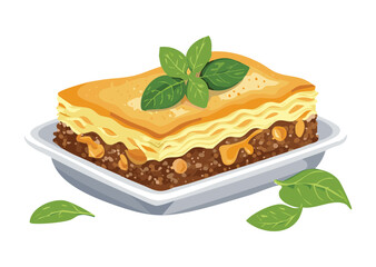 Delicious Lasagna Slice with Mint - Vector Illustration