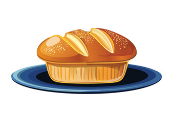 Small Round Bread Loaf on Plate - Vector Illustration