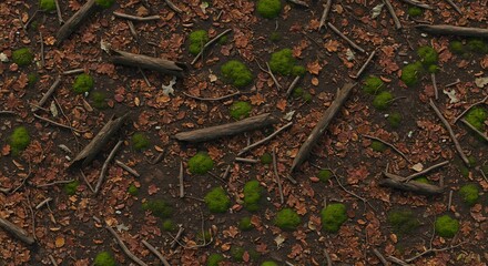 Naklejka premium Forest floor covered with brown leaves green moss and scattered wooden logs and branches