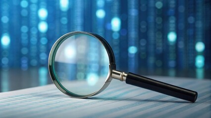 Blurred magnifying glass hovering over security report in digital matrix background
