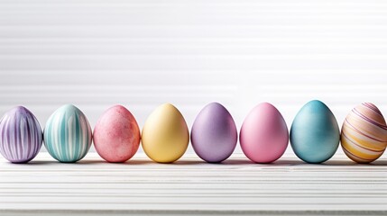 A vibrant group of colorful Easter eggs in a row on a white background, perfect for holiday celebration