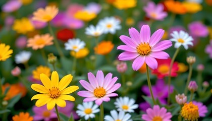 Fototapeta premium this image captures a field of wildflowers in a shallow depth of field, creating a soft and dreamy atmosphere, the main subject is a trio of colorful flowers in the foreground