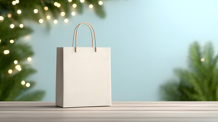 Kraft paper bag with pine branch and Christmas tree in background. Perfect for eco holiday branding, seasonal packaging, and festive shopping concepts.