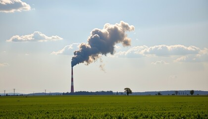 a stark, long, red structure rises from a verdant field, spewing a thick plume of dark, billowing smoke into a pale blue sky, the smoke dominates the upper portion of the image