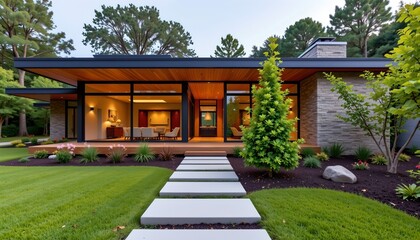 the image showcases a contemporary residence harmoniously integrated with its surrounding nature, the structure boasts clean