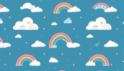 Cute pastel rainbow and clouds vector pattern