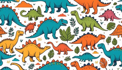 Colorful hand-drawn dinosaurs pattern for kids