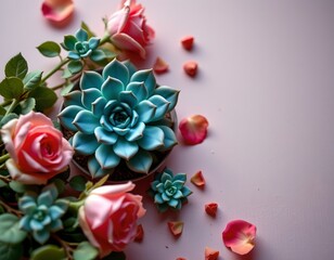 the image features several succulent plants and roses, all arranged on a light pink surface, the lighting is soft and diffused, creating a gentle and warm atmosphere