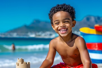 A young boy sitting on the beach with a sand castle