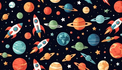 Cute seamless space pattern with planets and rockets