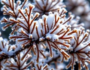 the image focuses on the close up of branches, possibly from an evergreen tree, covered in ice, the branches fill the majority of the frame, creating a textured pattern