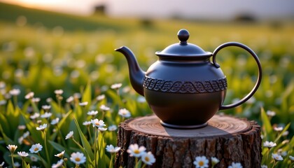 the central subject is a dark colored metal vessel, likely for tea, it rests on a wooden stump or log, the vessel has a rounded body, a curved spout, and a large looped handle