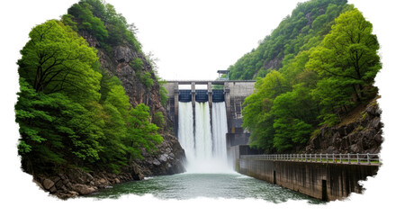 Water rushes through the gates of a large dam, nestled between two vibrant green mountains, showcasing the impressive scale of water management and power generation.