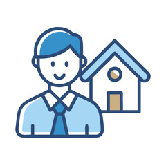 Male realtor icon in flat blue color with house symbol