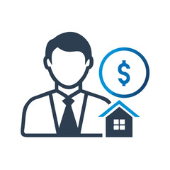 Male real estate agent icon with dollar and house symbols