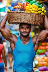A man carrying a basket full of fruit on his head