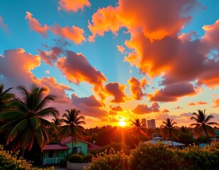 this image showcases a skyline viewed through a foreground filled with palm trees, the colors are vibrant and dramatic, the sky transitions from a bright teal at the top to a deep