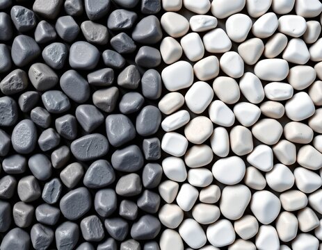 the image features a close up, overhead position filled with natural stones or pebbles, these elements are arranged in a deliberate manner, split roughly in half