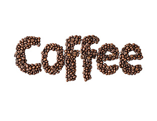 Coffee beans word art: Isolated on transparent PNG, rich brown tones.