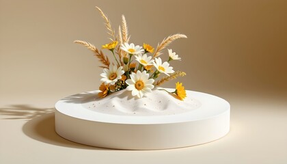 at the center of the image is a rounded, white platform filled with sand, a grouping of flowers and grasses rises from the sand