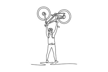 Continuous one line drawing male cyclist lifting his road bike into the air. Male athlete holds bike above head after successfully winning the race. Single line draw design vector graphic illustration