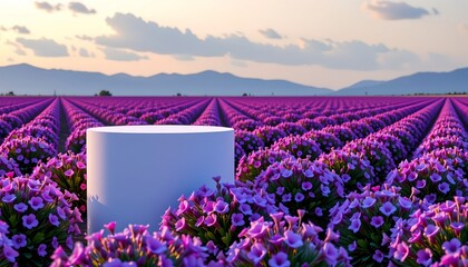 the image features a minimalist, cylindrical structure in the foreground, its smooth, white surface is partially obscured by the vibrant purple flora that surrounds it