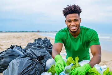 A man sitting on the beach with a pile of garbage
